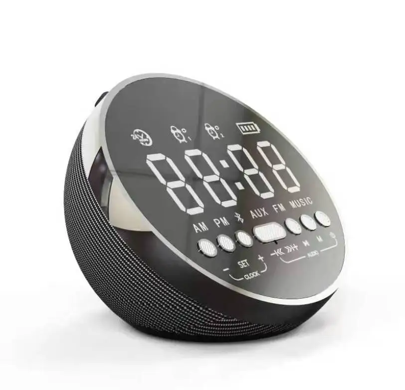 Circular mirror screen double Alarm Clock   Speaker with FM Radio LED  Time Display wireless BT Desktop bedside speaker 1200mha