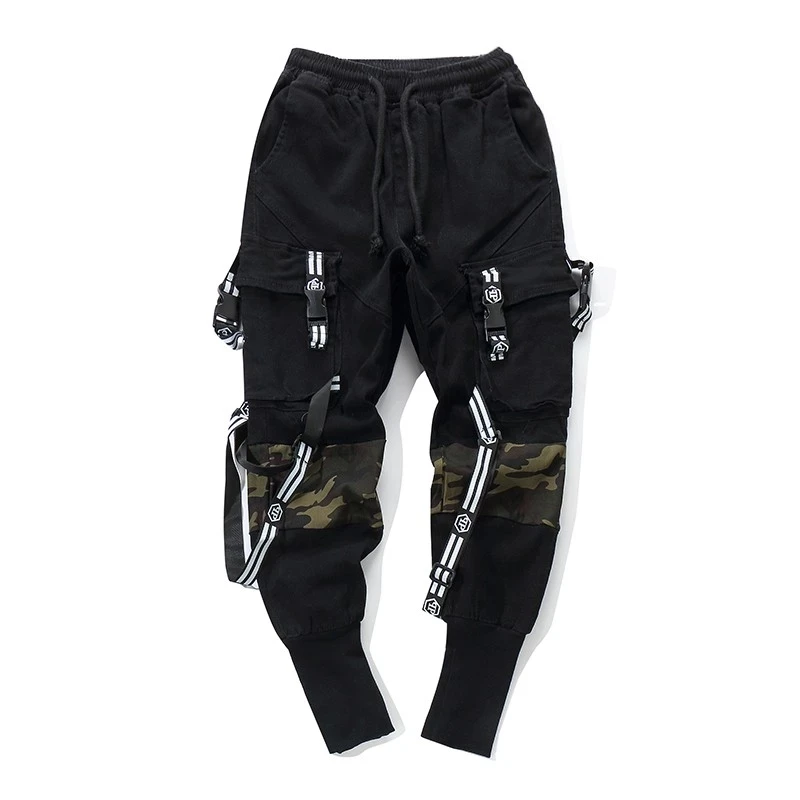 Mens custom military cargo pants printed camouflage patchwork with straps casual streetwear tapered cargo army black sweat pants