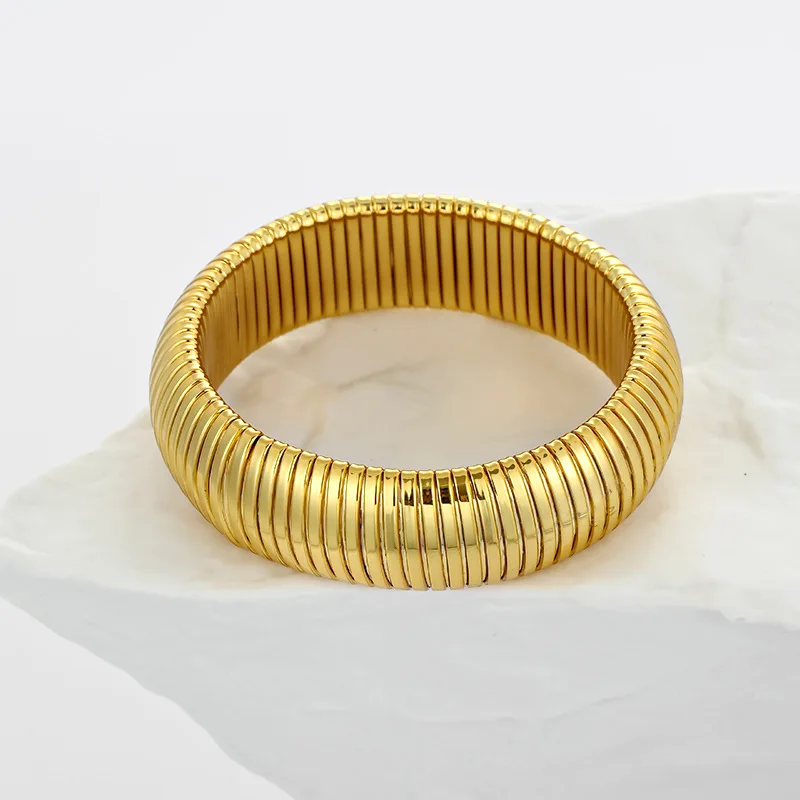 Trendy Stainless Steel Spring Elastic Soft Flexible 20mm width 54g Bracelet Jewelry Simple 18K Gold Plated Bangle For Women