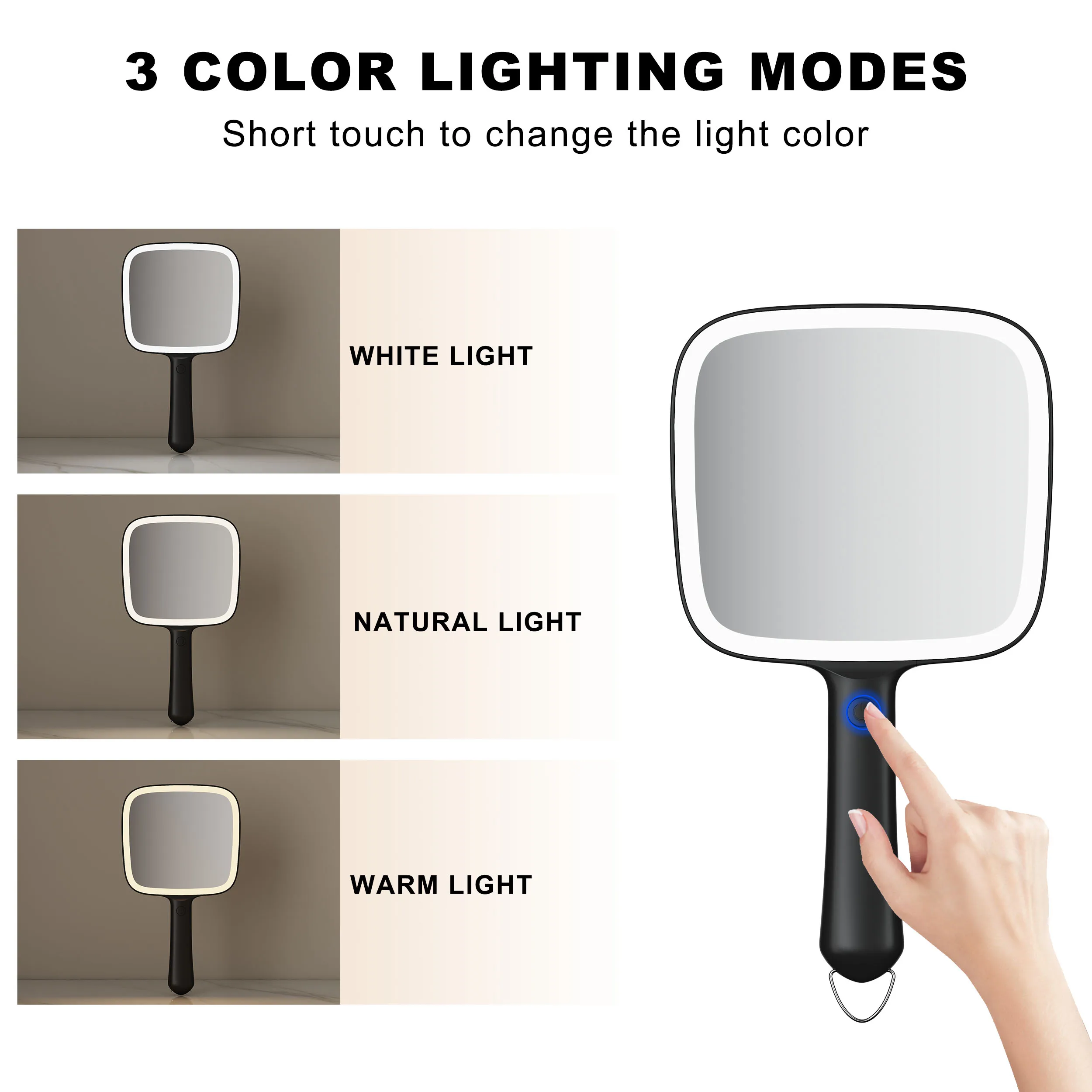 3 Light Color Square Dimmable Travel Beauty Portable Hand Held Handle Makeup Handheld Small Mirror With Led Light