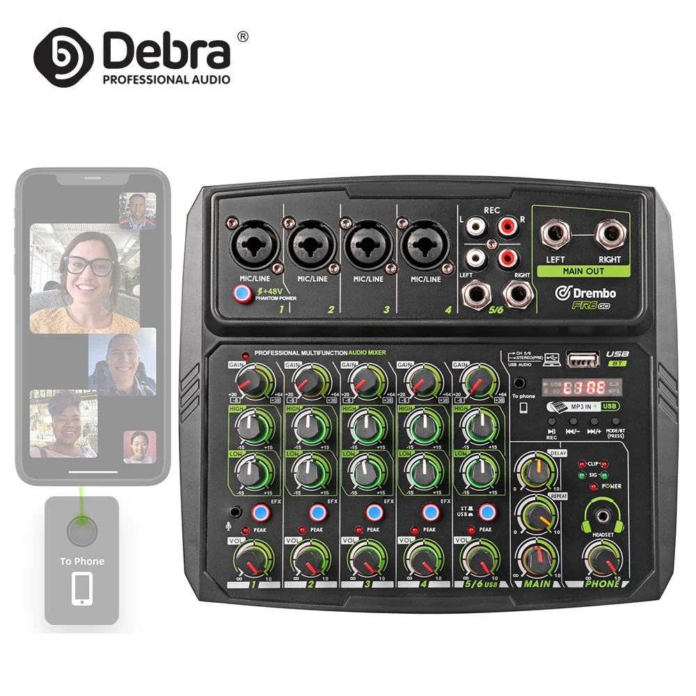 Debra Audio FR6GO DJ Console Audio Mixer with BT5.0,USB for Smartphone live broadcast interface for singing stream podcast
