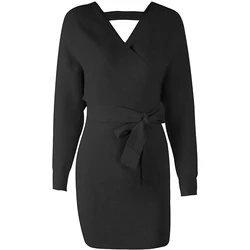 2022 Factory wholesale sexy wrap sweater dress long sleeve strappy backless mini knit dress
