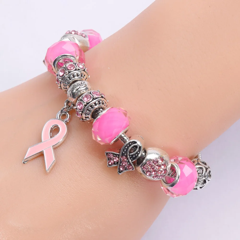 Adjustable Resin  Breast Cancer Prevention Beaded Charm Bracelet Ribbon Pendant Heart Silver Snake Chain Charm Bracelet