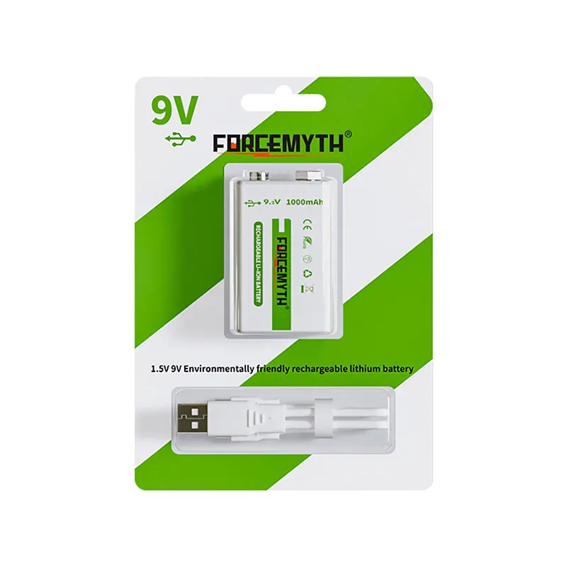 Перезаряжаемые аккумуляторы 9 В USB Type-C перезаряжаемые литиевые батареи 1000 мАч 2 с зарядным кабелем 2-в-1