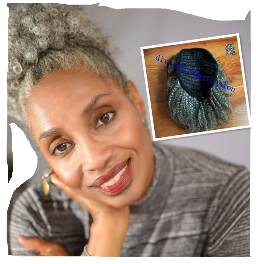 Natural Highlights Grey Human Hair Ponytail Extension 120g Salt and Pepper 4c Clip in Grey Hair Ponytail Puff Fringe Bangs