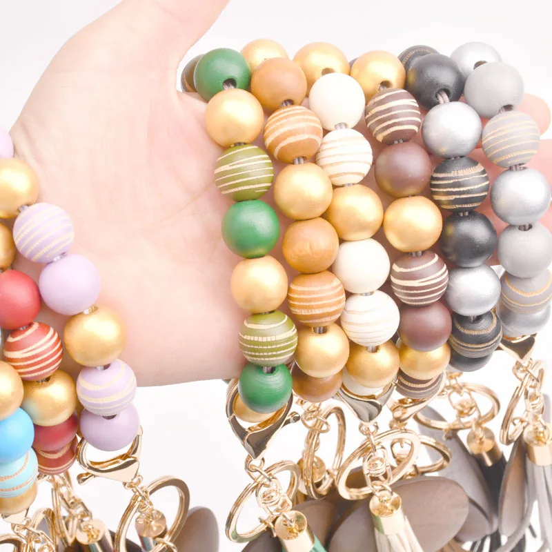 Colorful Silicone Wood Bead Wristlet Keychain Retro Bracelet Bangle Tassel Wristbands Keychain