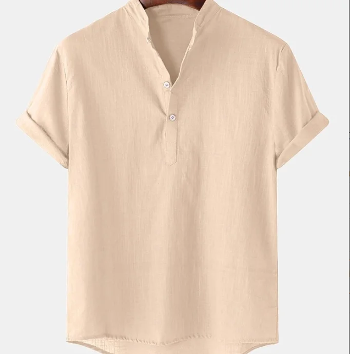 Men Summer Shirt Short Sleeve Cotton Linen Shirt Regular Fit V Neck Button Down Vintage Clothes Top Solid Color T Shirts