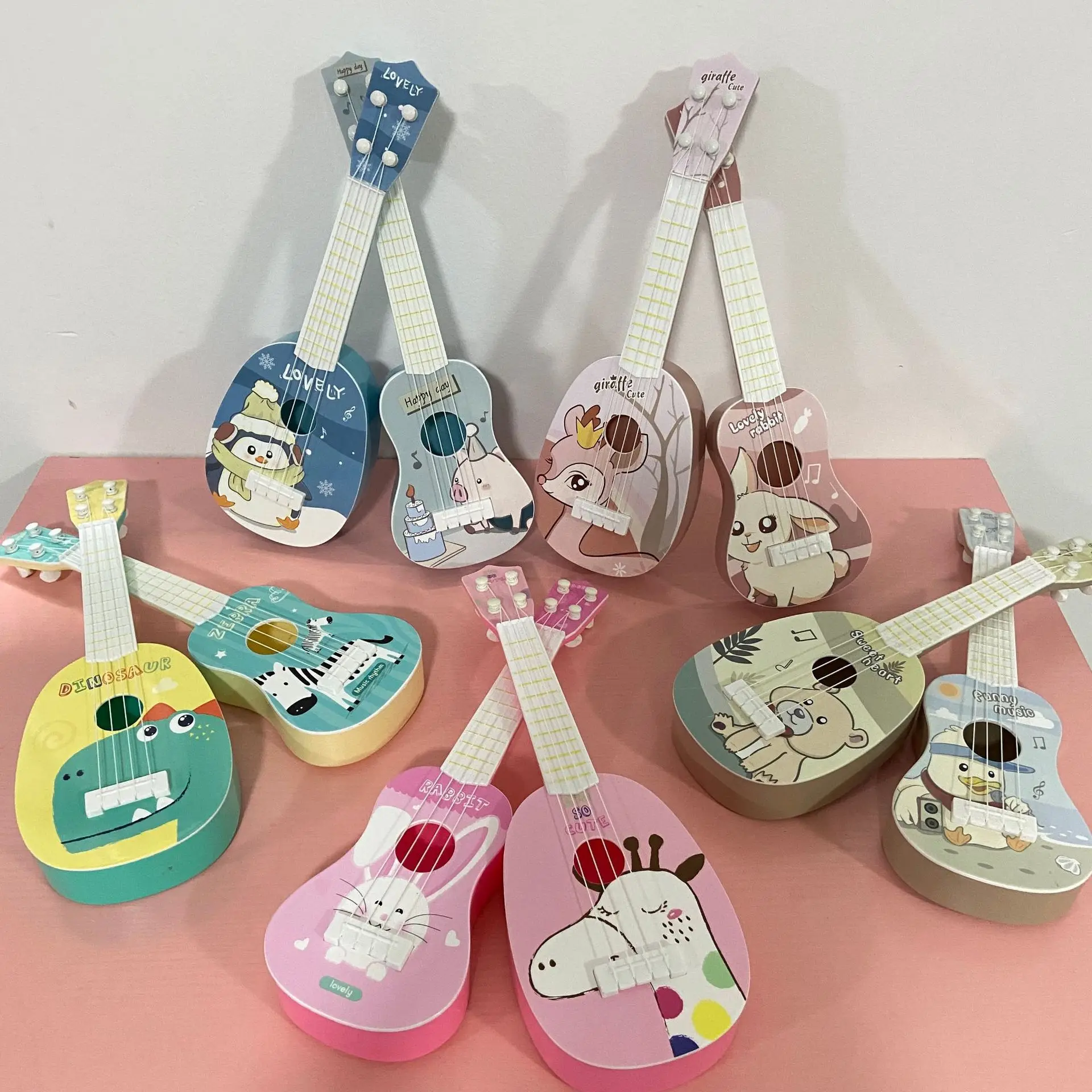 TS Kids Educational Musical Instrument Cheap Baby 4 String Guitar Cartoon Animal Mini Plastic ukulele Toy