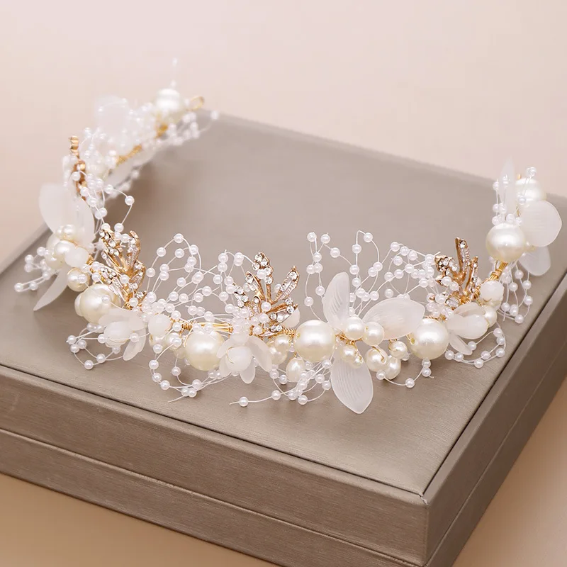 Personalized Gold Flower Pearl Headband Tiara Crown Wedding Bridal Princess Headbands Hair Jewelry Crystal Pearl Accessories