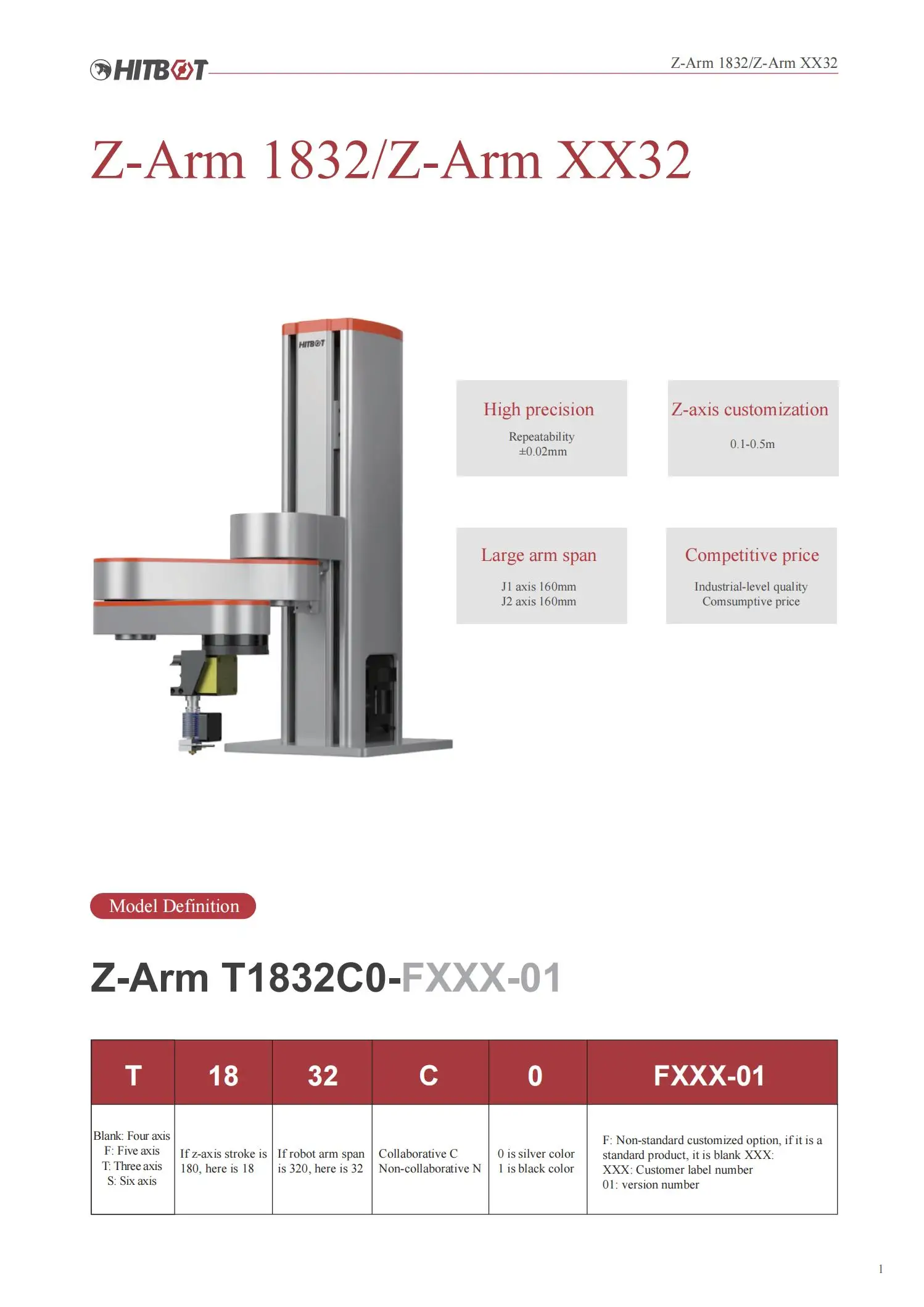 China Arm Robot HITBOT Z-arm 1832 China Low Cost Industrial Arm Robot 4-Axis Robot for Assembly