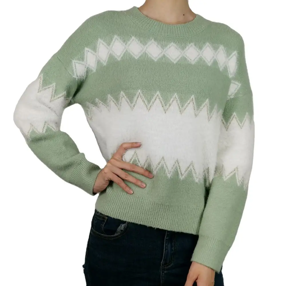 Sweater Pullover Stripe Green Jacquard Knitted Woolen Lady Clothing Winter Computer Oem Anti-pilling Womens Sweater