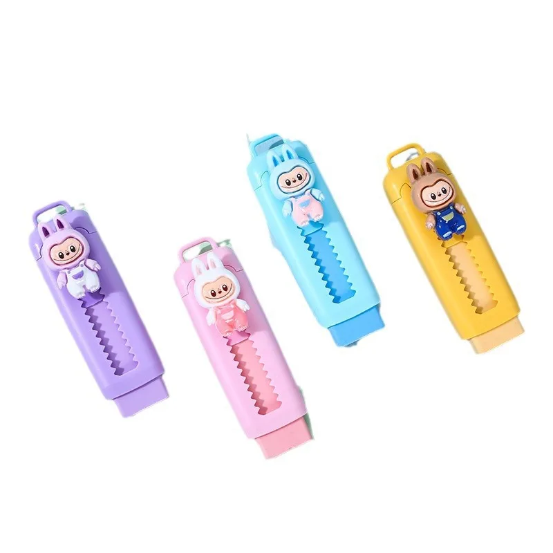 hot selling student cartoon labubu yiwu lovely school gift pencil products colorful stationary push pull press eraser for kids