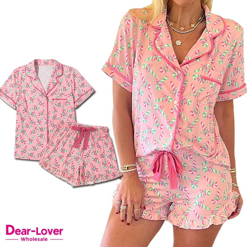 Dear-Lover Wholesale OEM ODM High Quality Cute Christmas Print Bow Knot Two Piece Lounge Wear Loungewear Women Pajama Set
