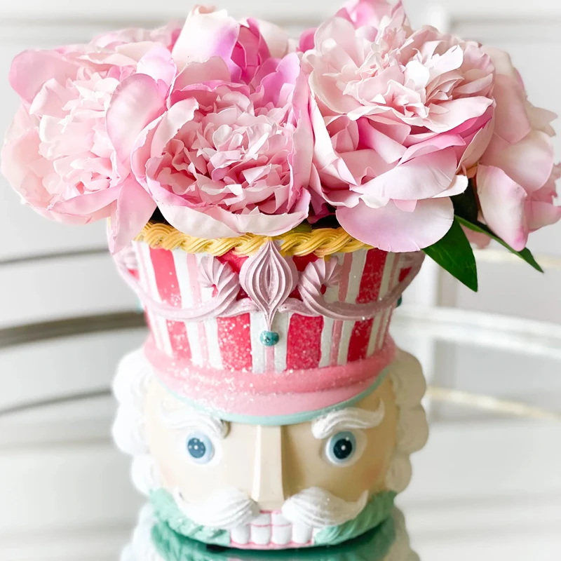 Custom Christmas kitchen luxury candy decoration centerpiece pastel resin container glitter sprinkles pink nutcracker head vase