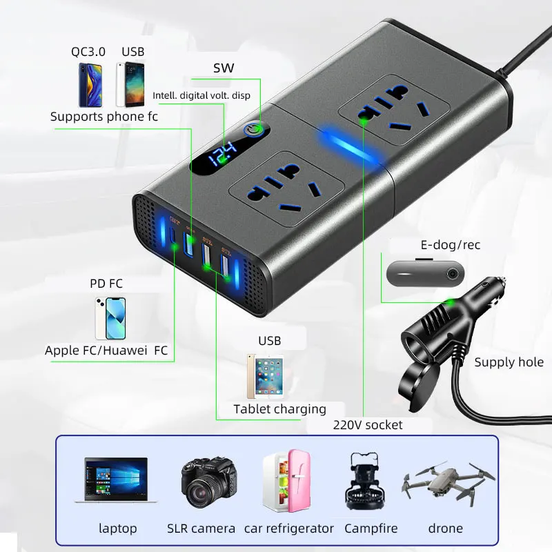 200 Вт автомобильный адаптер USB PD QC3.0 Инвертор постоянного тока 12 В в 110 переменного инвертор с 4 портами