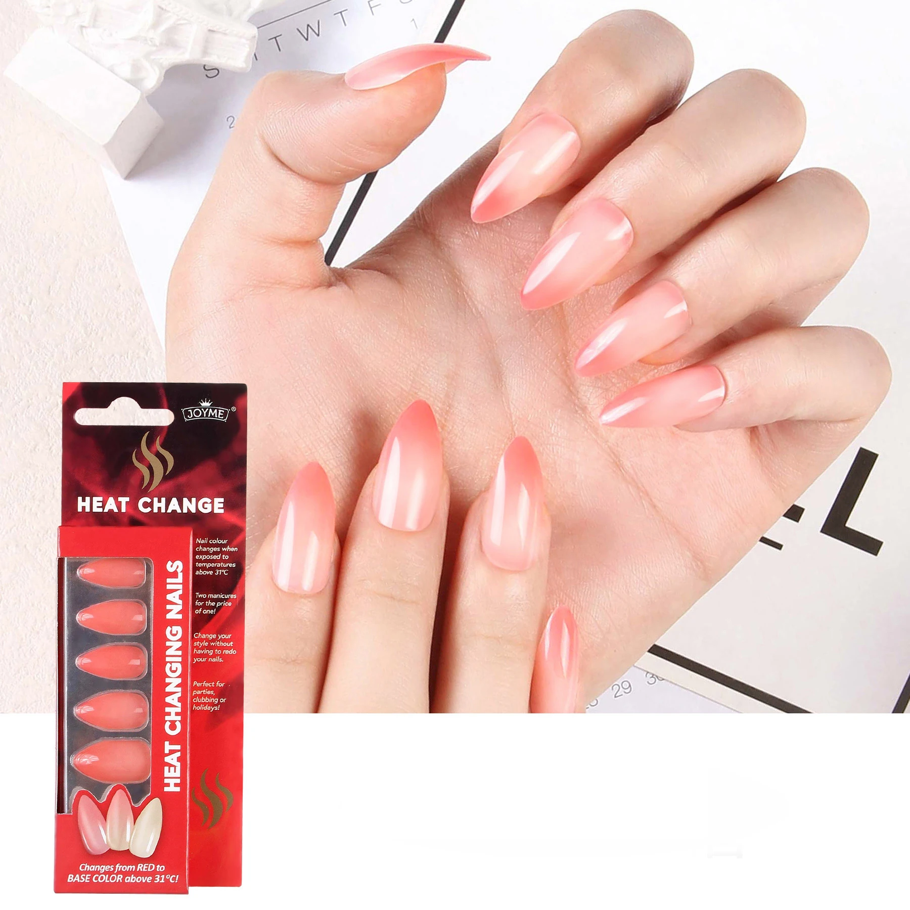 New 24 piece wearable nail art with temperature change light change fake finger nail tip almond french nail tips