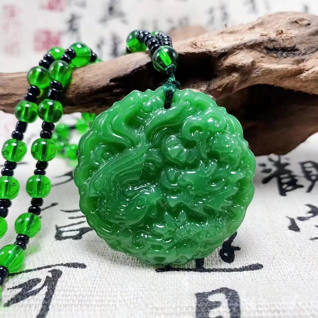 Hot vintage style  artificial jade pendant necklace with alloy dragon and phoenix inlay for weddings gifts and good luck
