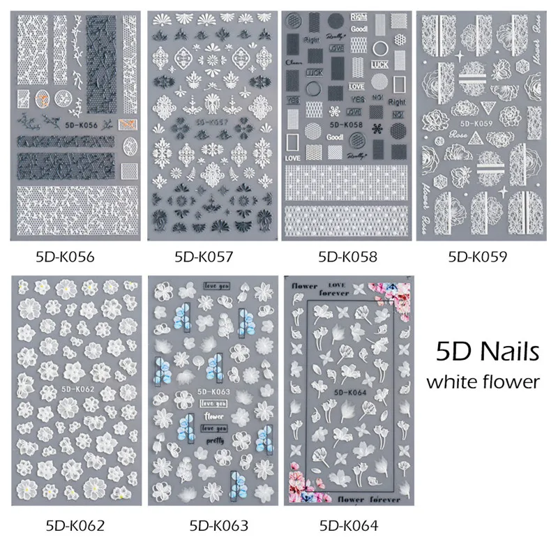 New F series nail relief stickers 5d stereo hollow black and white lace flower glue nail stickers