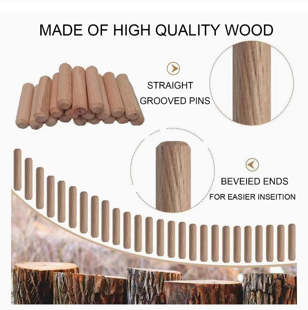Wooden Dowel Pins  Fluted Beveled Ends Wood Dowel Pegs Kiln Dried Hardwood for Woodworking Furniture Shelf