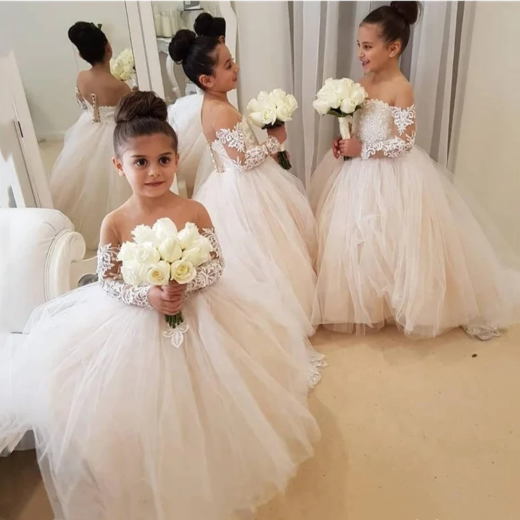 Детские кружевные пышные тюлевые Бальные платья с длинными рукавами для принцессы платья с цветами для девочек для свадебной вечеринки