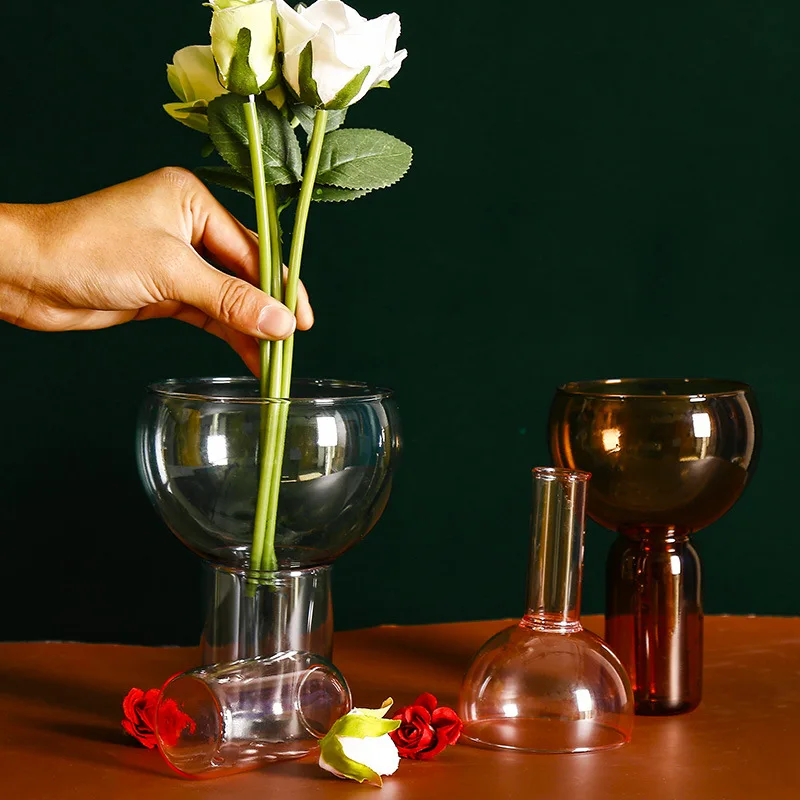 Nordic Style Hand Blown Pink Amber Blue Funnel Shaped  Glass Flower Vase for Dried and Fresh Flower Arrangement Home Decor