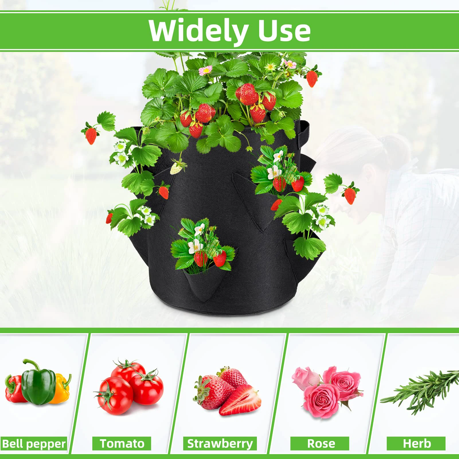 Heavy Duty Re-usable Garden Planting Grow Bag 10 Gallon Felt Fabric Strawberry Grow Bag With 8 Pockets