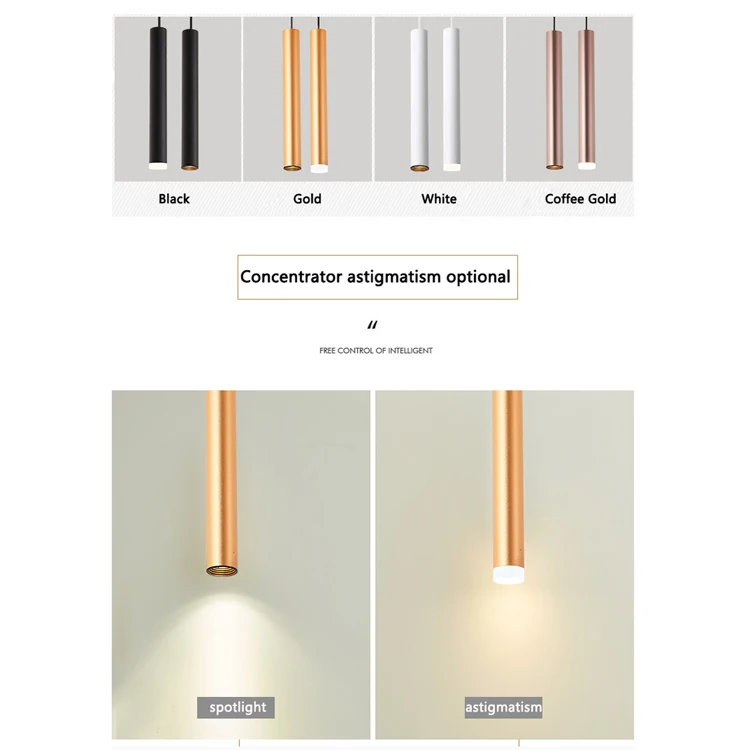 Aluminum pendant light gold black white hanging wire circular tube spotlight 7w 10w long tube downlight