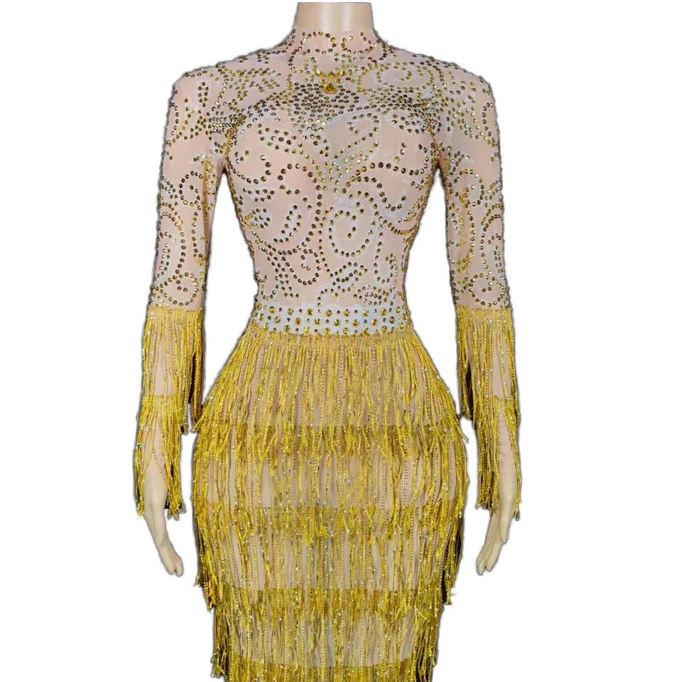 Elegant New Ball Gown Diamond Fringe Long Sexy Chiffon Sheer Dress Rhinestones Beading Feathers Parties Plus Size Maxi Length