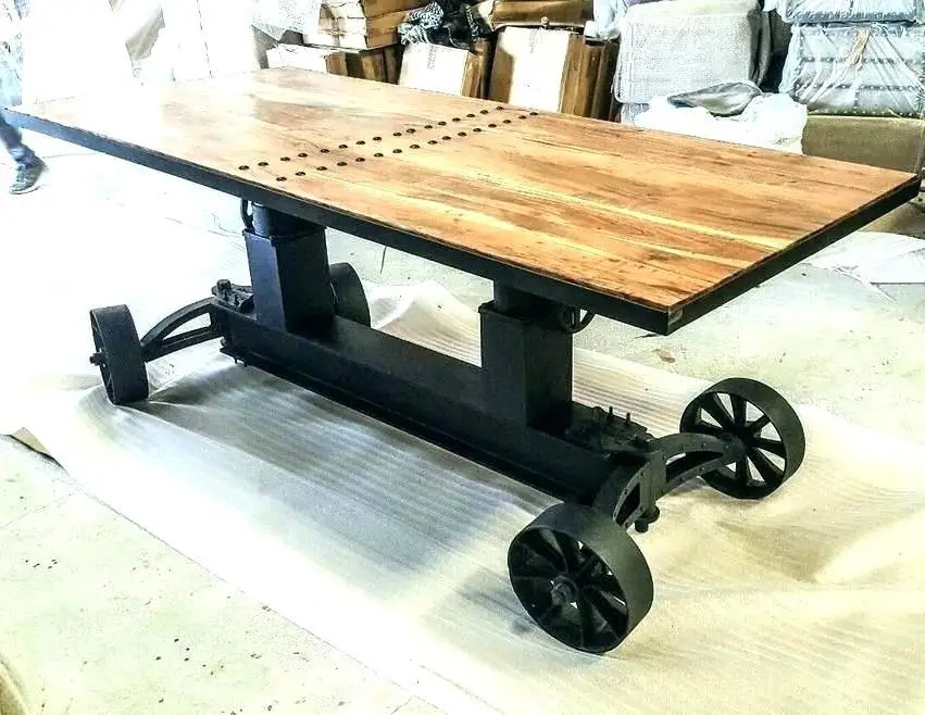 Modern Style Train Wheel Crank Dining Table Set Foldable Extendable with Glass Stone Top for Outdoor Bedroom School Hall Gym Use