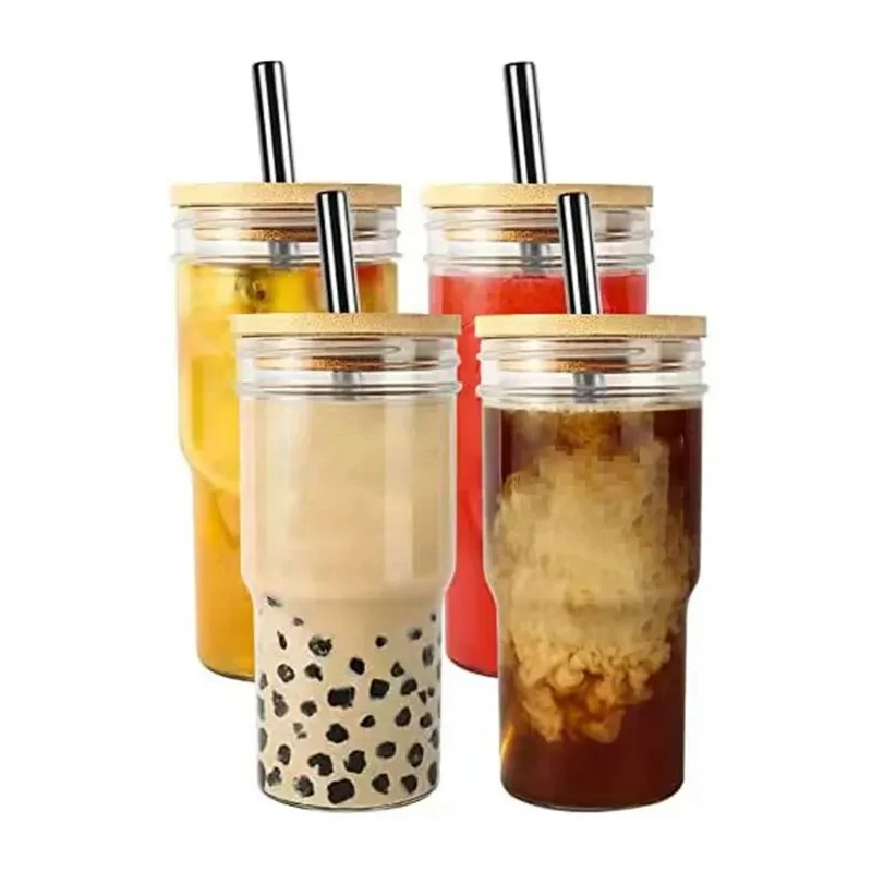 2023 new Reusable Glass Bubble Tea Cup Smoothie Tumbler Milkshake Wide Mouth Mason Jar Drinking Glasses with Bamboo Lids Straws