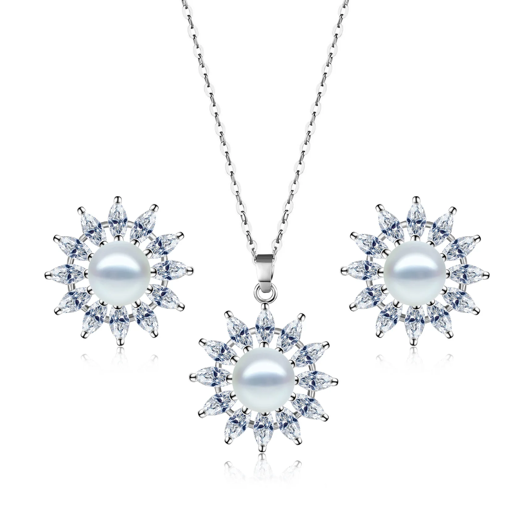  Hainon cheap jewelry set stud earring necklace Flower White zircon Pearl 925 silver plated white Cheap