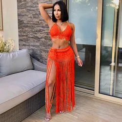 New arrived  hand crochet  Beach dress sexy women Bra top+long tassel skirts Bikini swimwear bathing suit cover-ups