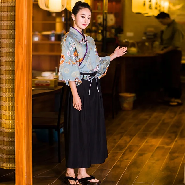 
Japanese Style Vintage Clothes Kimono Style Half Sleeve Uniform Sushi Restaurant Izakaya Waitress Workwear 100%cotton 