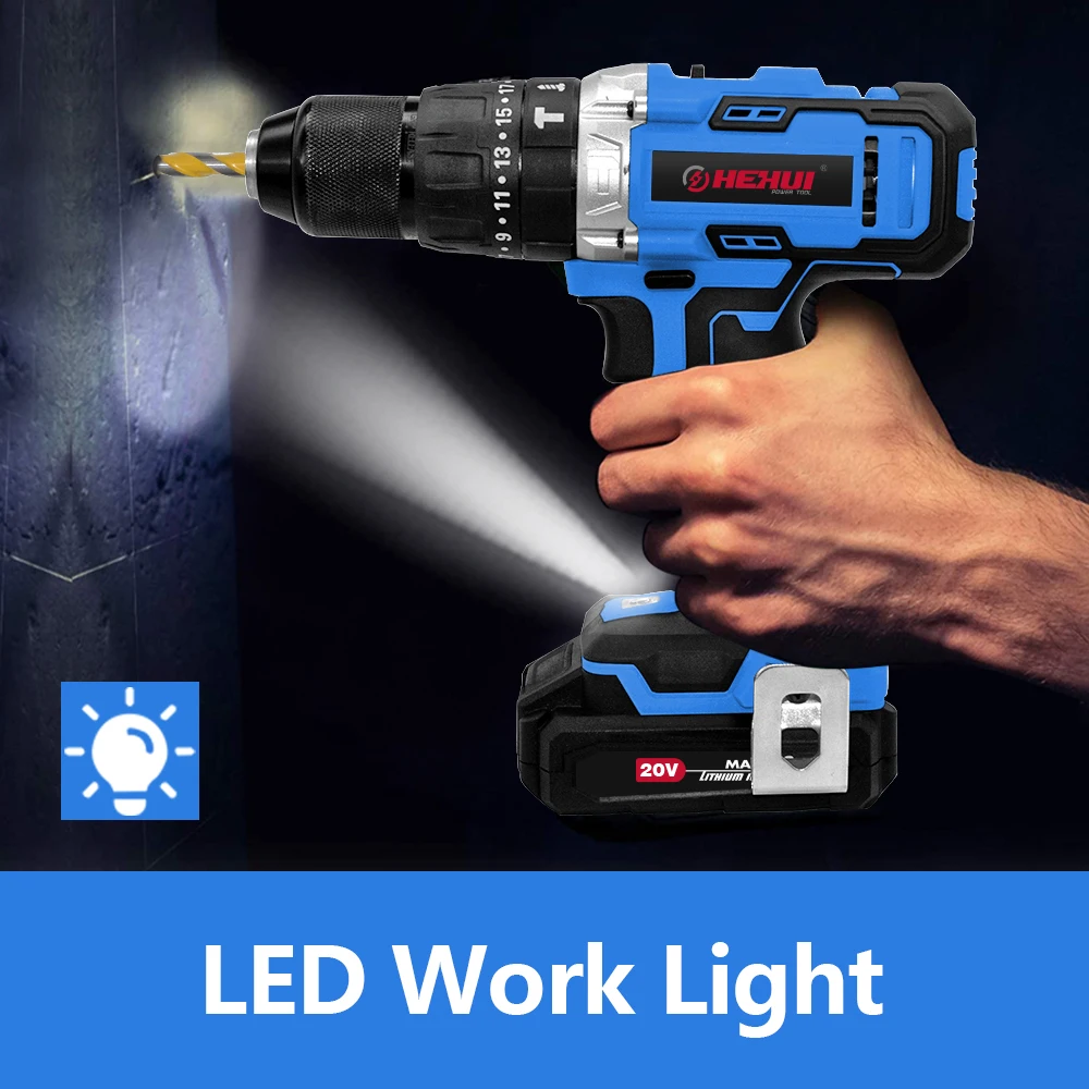 Hehui 20V Cordless Rotary Drilling Machines Variable Speed Hammer Drill With Lithium Battery