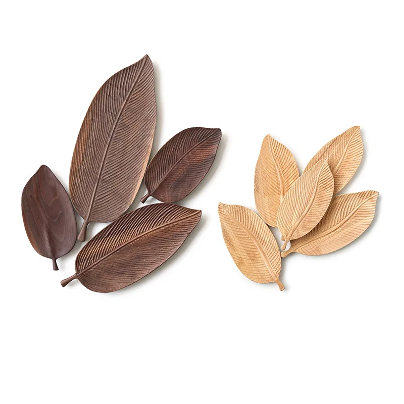 Wholesale Rubber Walnut Wood Fruit Snack Wooden Leaf Shape Tray Serving Platter
