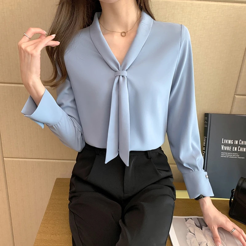 Long Sleeve Chiffon Blouse Shirt Women Blusas Mujer De Moda 2024 Bow V-Neck Office Lady Tops Women Blouses 8306#