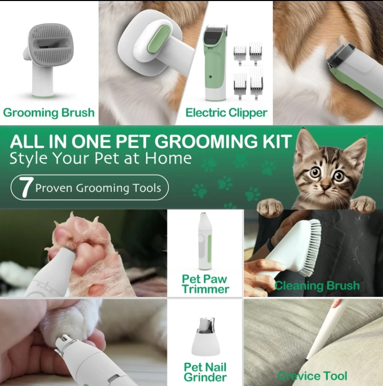 7 in 1 Pet Grooming Vacuum Dog Clippers Nail Trimmer Grinder Dog Brush for Shedding with 7 Pet Grooming Tools Cat Grooming Kit