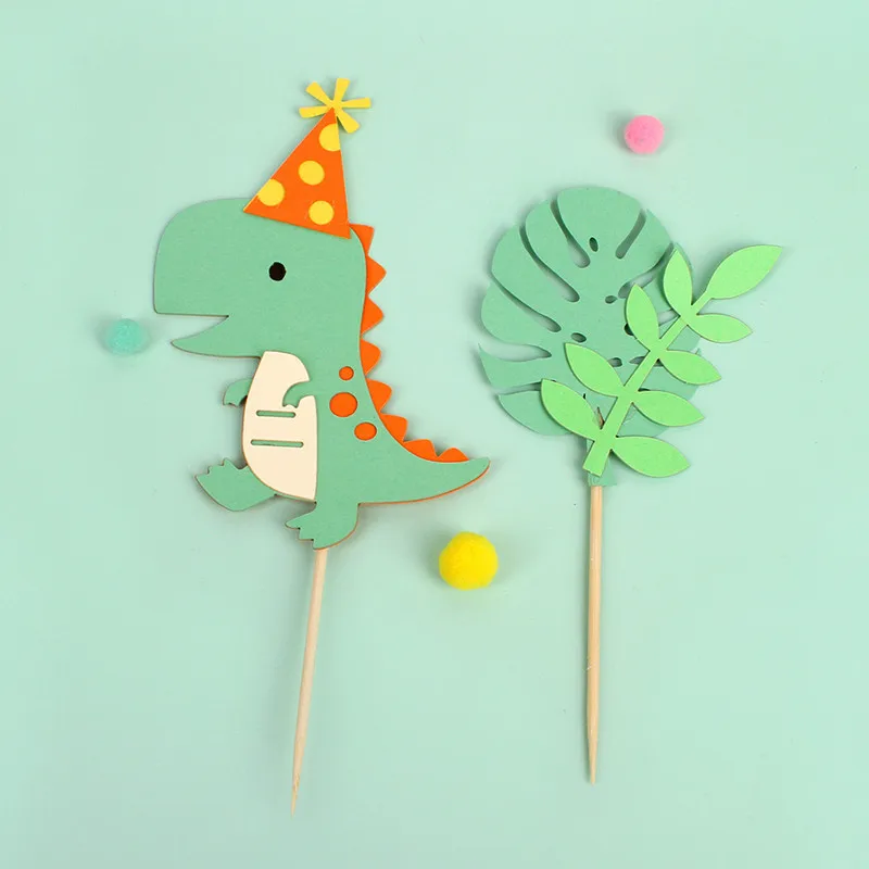 Children happy birthday green jungle dinosaur theme cake toppers safari set for kids birthday party cake decoration supplies