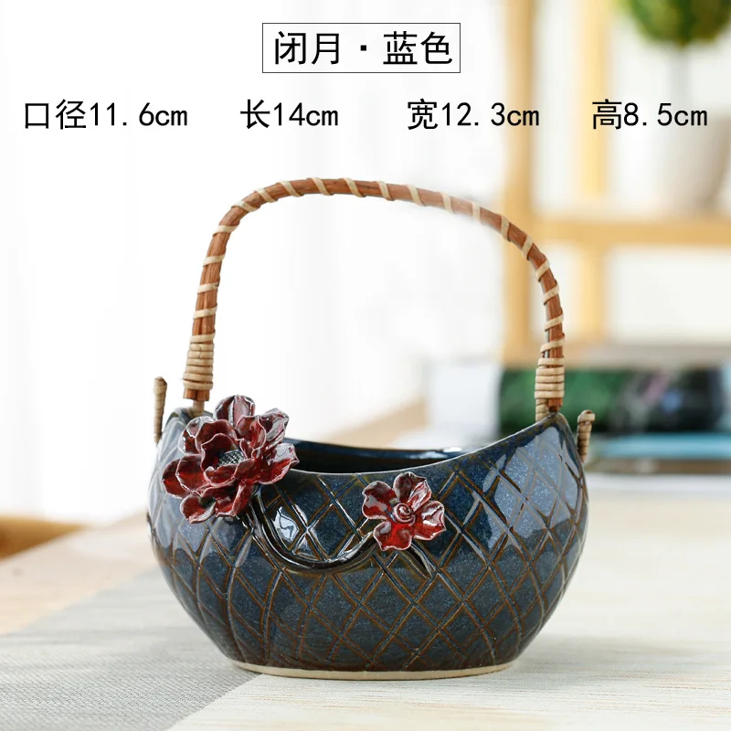 Flower Basket Rattan Hand-held Succulent Flowerpot Ceramic Green Plant Pot Indoor Decor Planter Container Pottery Basin
