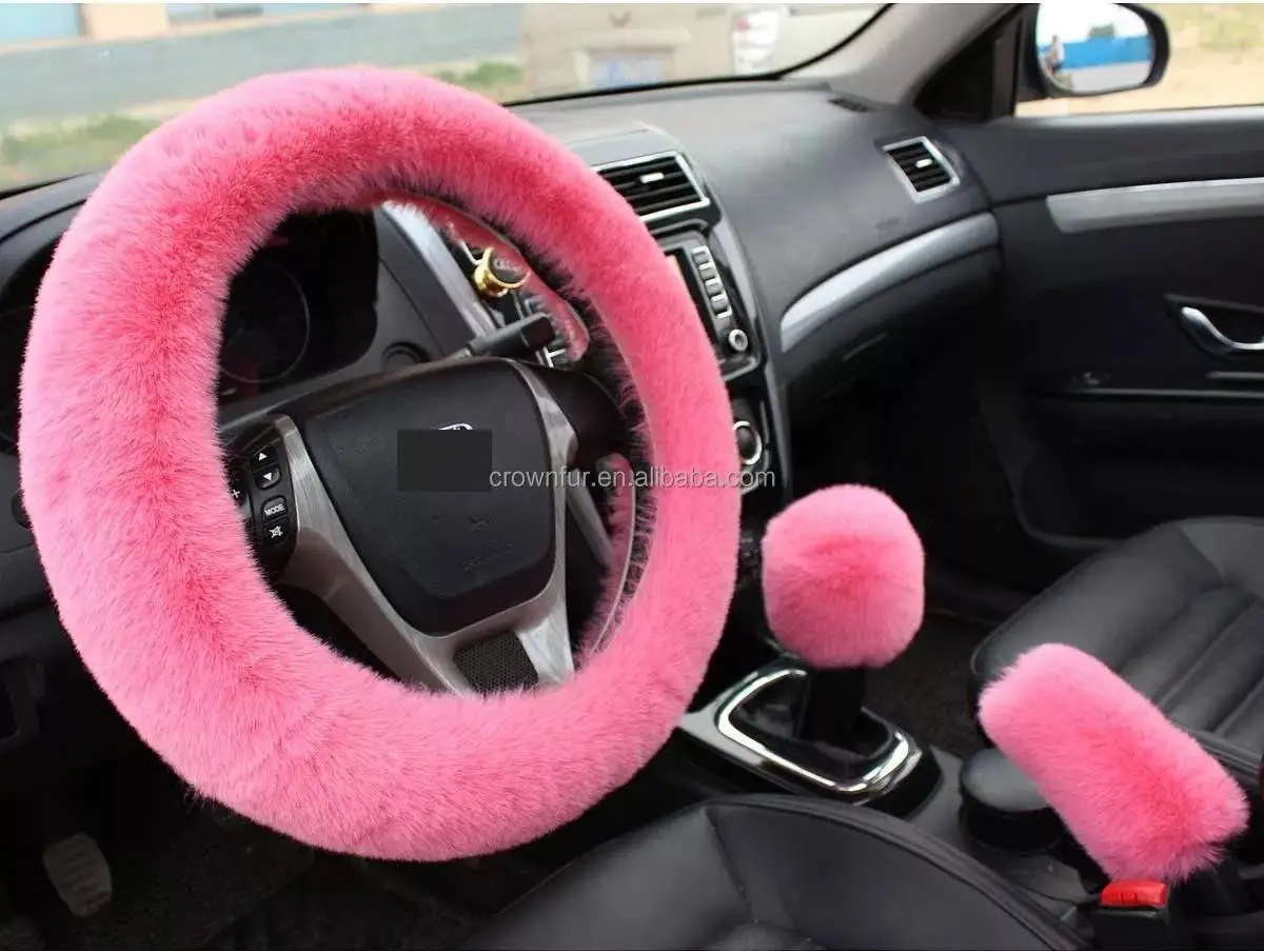8 Pcs Gift Set Women Winter Fashion Wool Fur Soft Pink Furry Steering Wheel Covers Fuzzy  Warm Non-slip Car Decoration