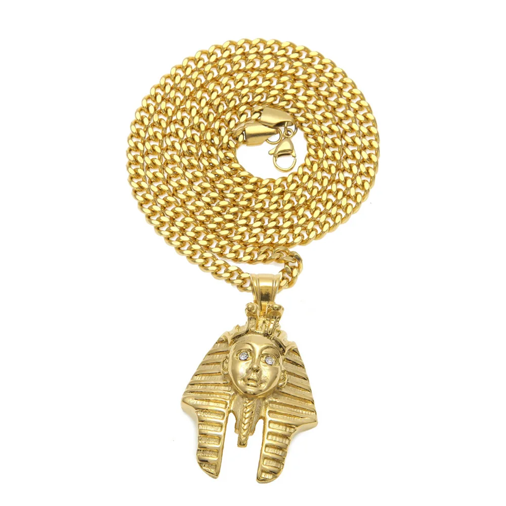 Stainless Steel Pharaoh Head Eye Diamond Pendant Cobra Shape Color Preserving Egyptian King Necklace