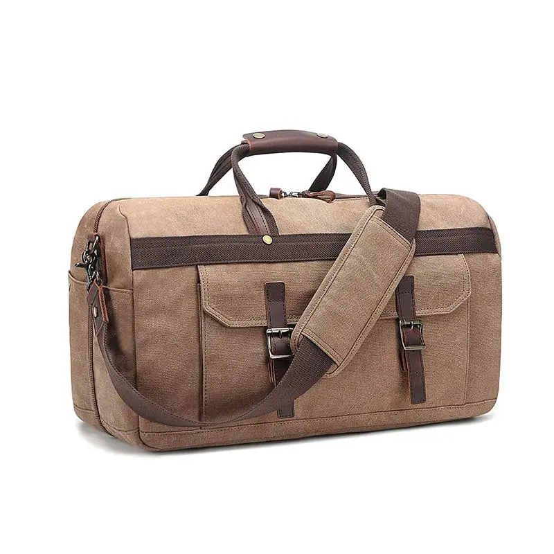 Large Capacity Genuine Leather Canvas Travel Duffel Bags Sport Gym Weekender Bag