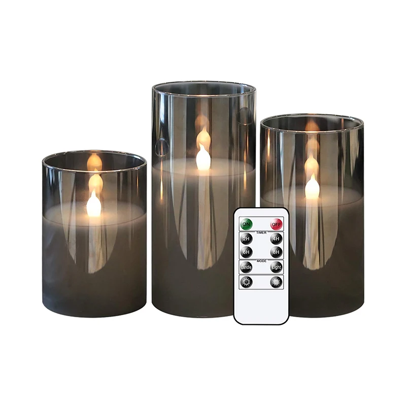 3pcs Set Gray Glass Battery Operated Flameless Led Candles with Remote and Timer Real Wax Candles Warm White Flickering Light