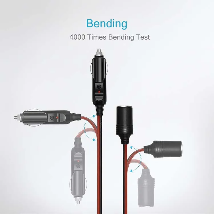 12V Cigarette Lighter Extension Cord Cable Male to Female with Cap for Air Compressor Tire Pump Cooler Fridge