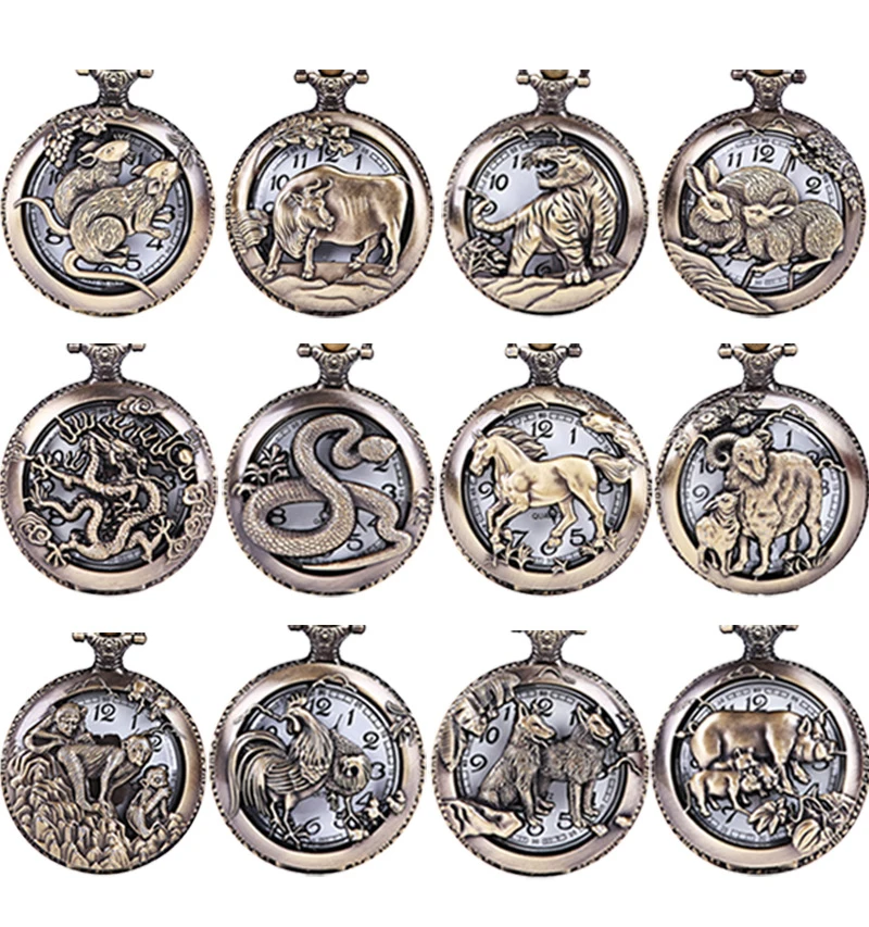 Antique Chinese Zodiac Design Openwork Pendant Necklace Mens Round Bronze Quartz Pocket Watch Pocket Fob Watch Relogio De Bolso