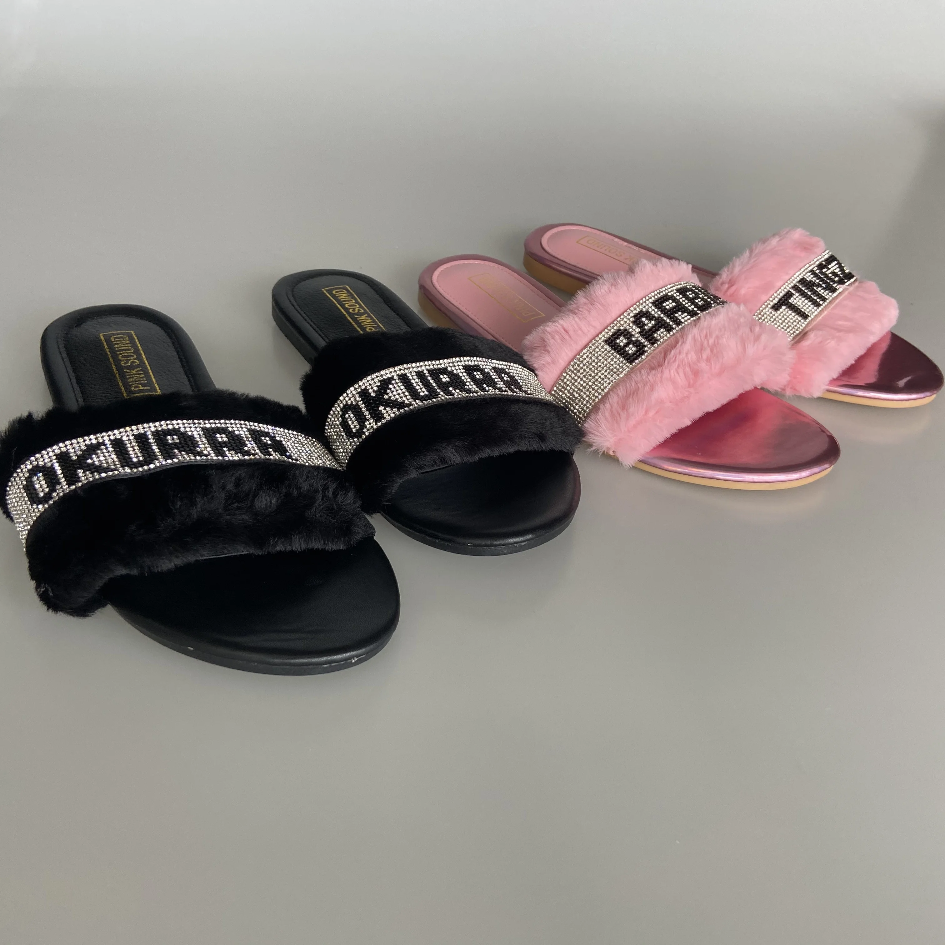 
PDEP latest summer beauty hairy pink slippers rhinestone sandals 2021 ladies shoes for women flat plus size sandals with fur 
