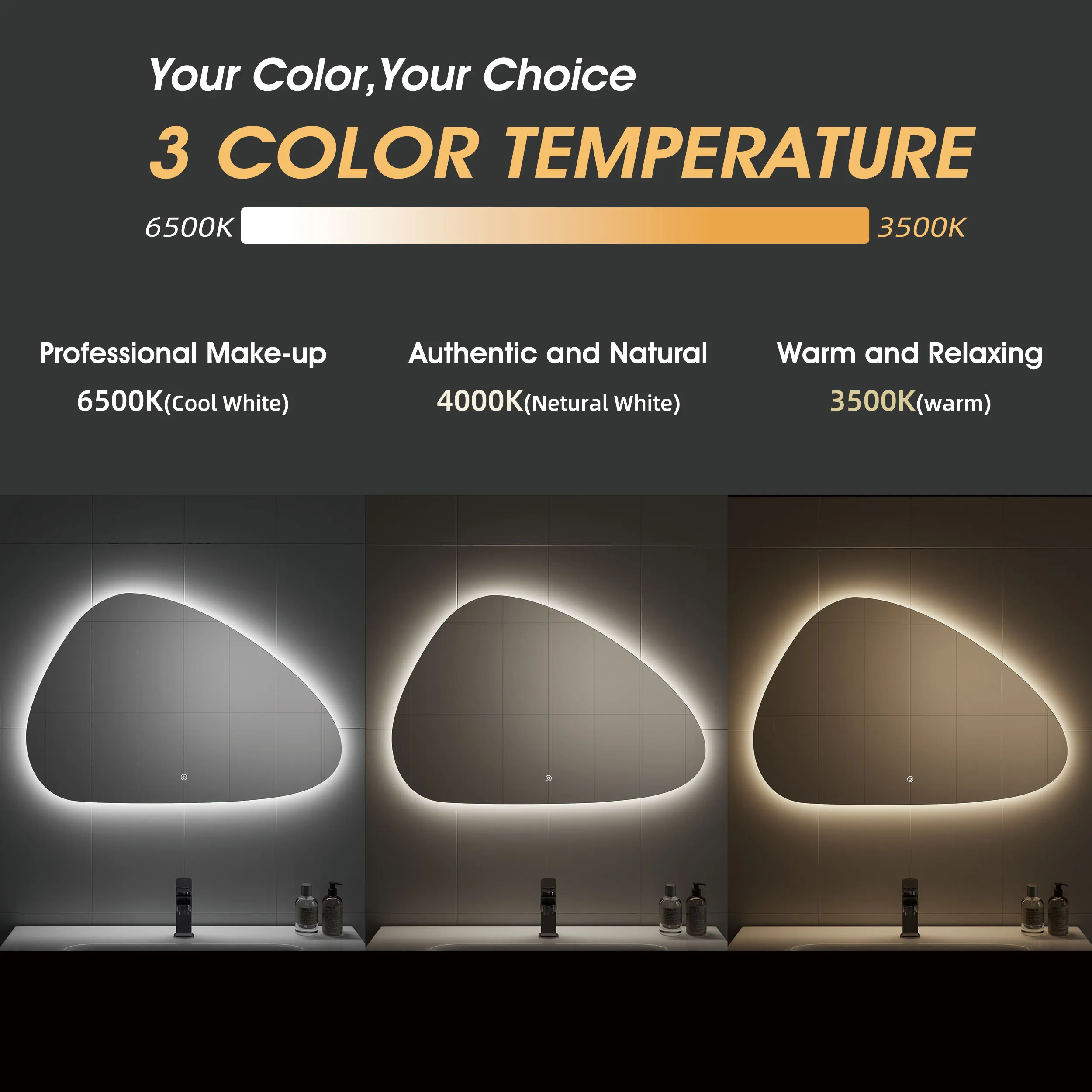 Stepless Dimmable Illuminated Frameless Hotel Backlit With Light Irregular Touch Bathroom Led Mirror Adjustable Led Mirror