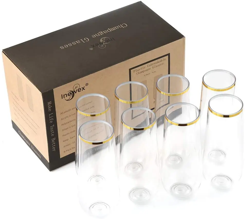 24 pack 12oz PET Clear  Stemless Champagne Flutes Plastic Stemless Wine Glass With Rose Gold Rim / Gold Rim Shatterproof