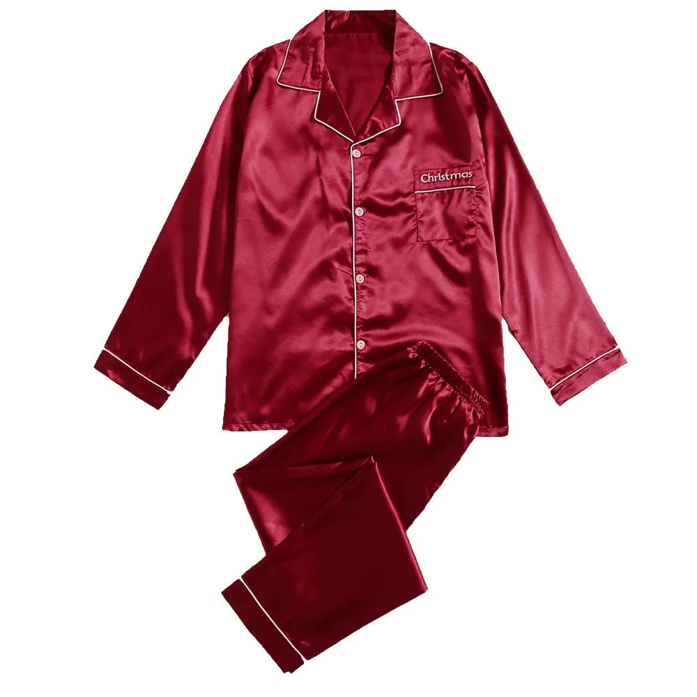 Factory Wholesales Christmas Women Satin Long Pajamas Set Two Pieces Silk Sleeve Logo Embroidery