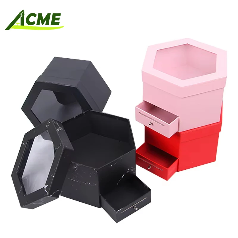 Wholesale stock hexagonal double-layer cardboard flower gift box with drawer for flowers